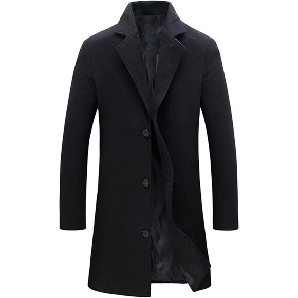 Men's Black Wool Blend Pea Coat Notched Collar  Breasted Winter Trench Coat - Picture 1 of 9